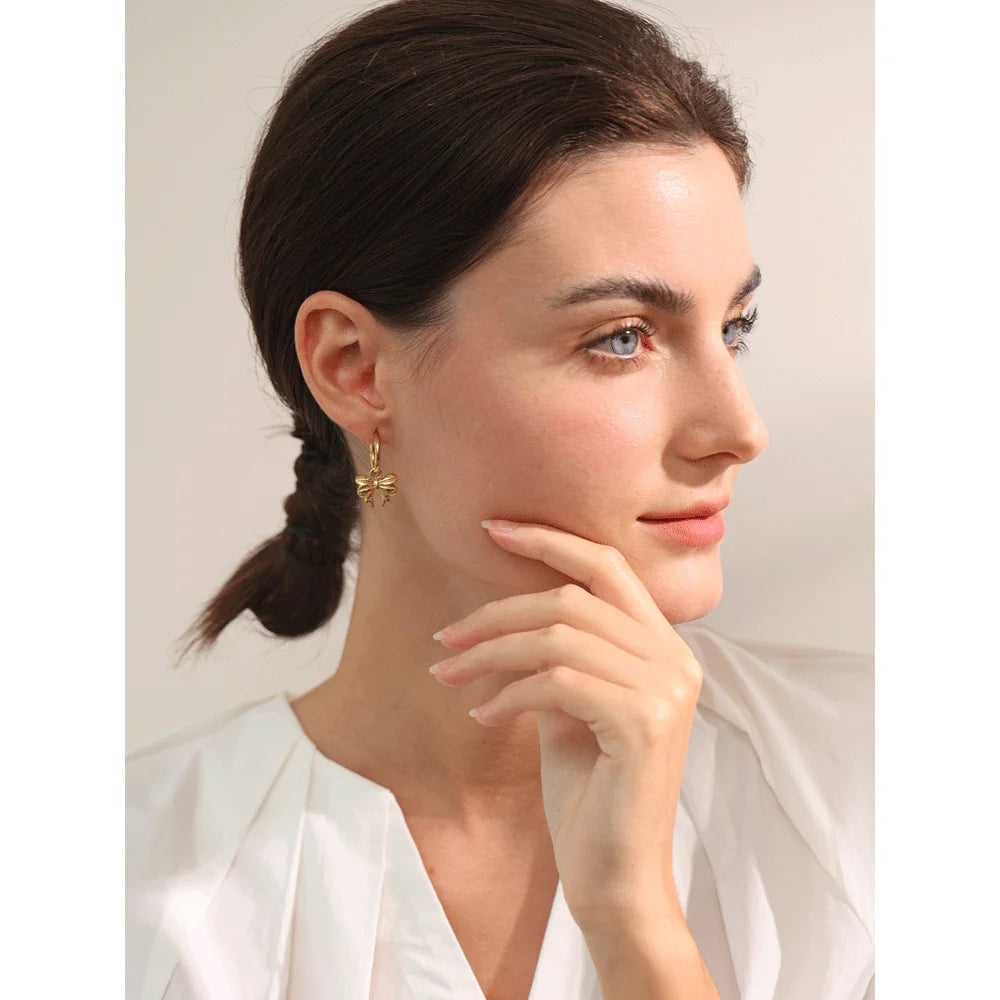 Bow Tie Drop Hoop Earrings Waterproof 18K Plated