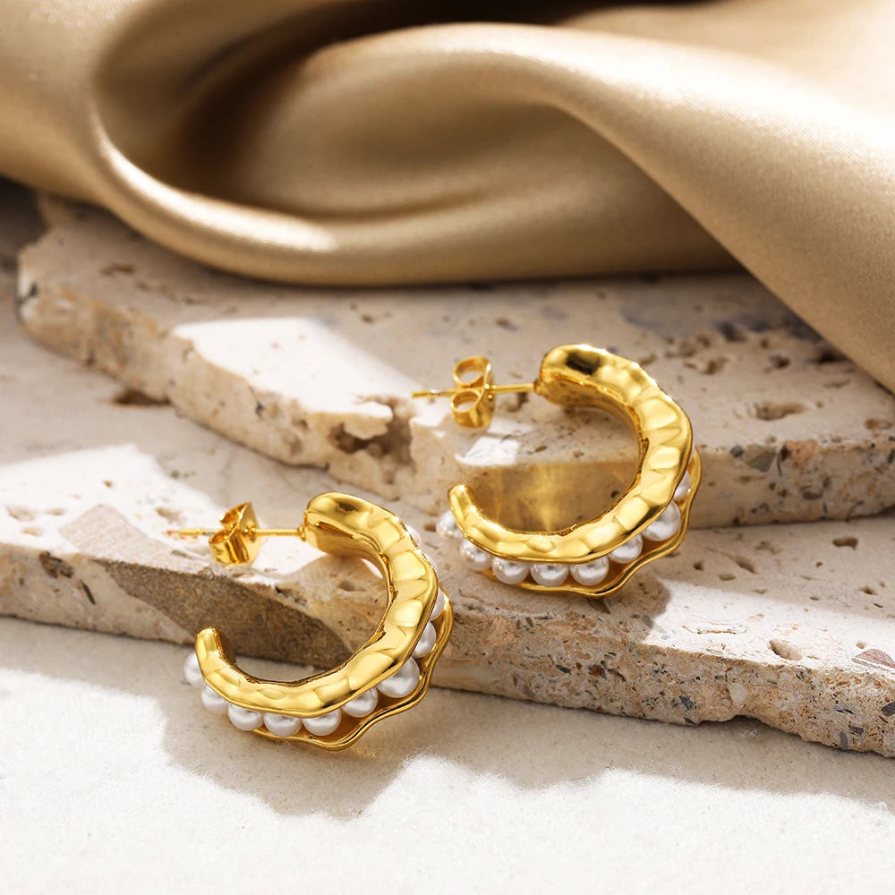 18K Plated Pearl Inlay Earrings Waterproof