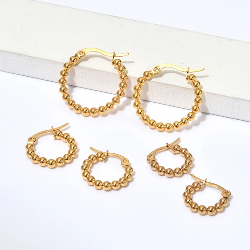 Round Bead Hoop Earrings 18K Plated Waterproof