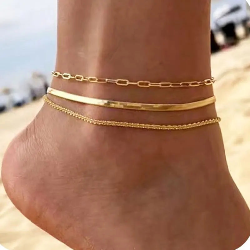 14K Gold Plated Cuban Link Chain Anklets Waterproof