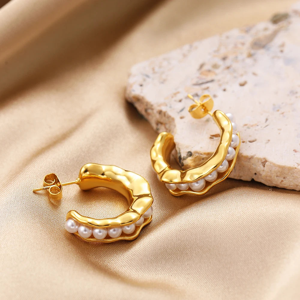 18K Plated Pearl Inlay Earrings Waterproof