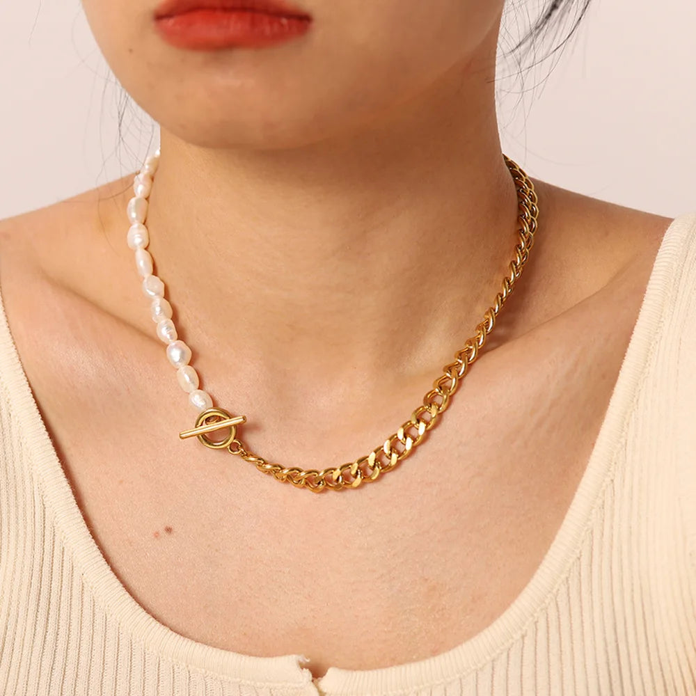 18K Gold Plated Waterproof Pearl Half Chain Necklace