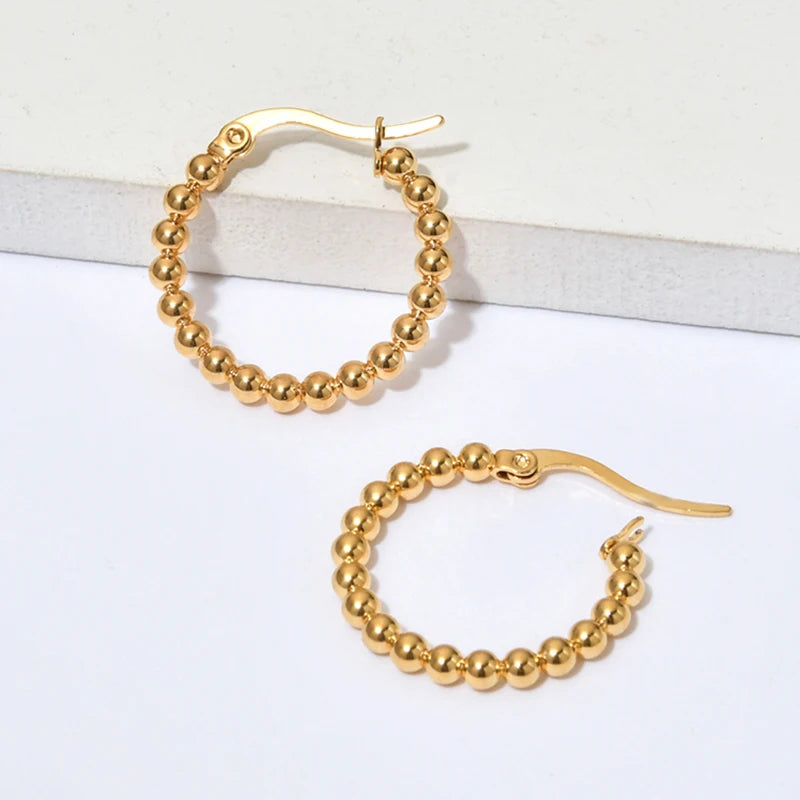 Round Bead Hoop Earrings 18K Plated Waterproof