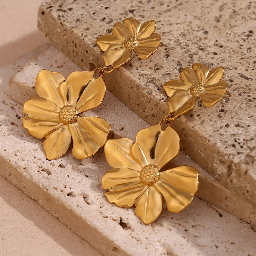 Flower Stitching Drop Earrings Waterproof 18K Gold Plated