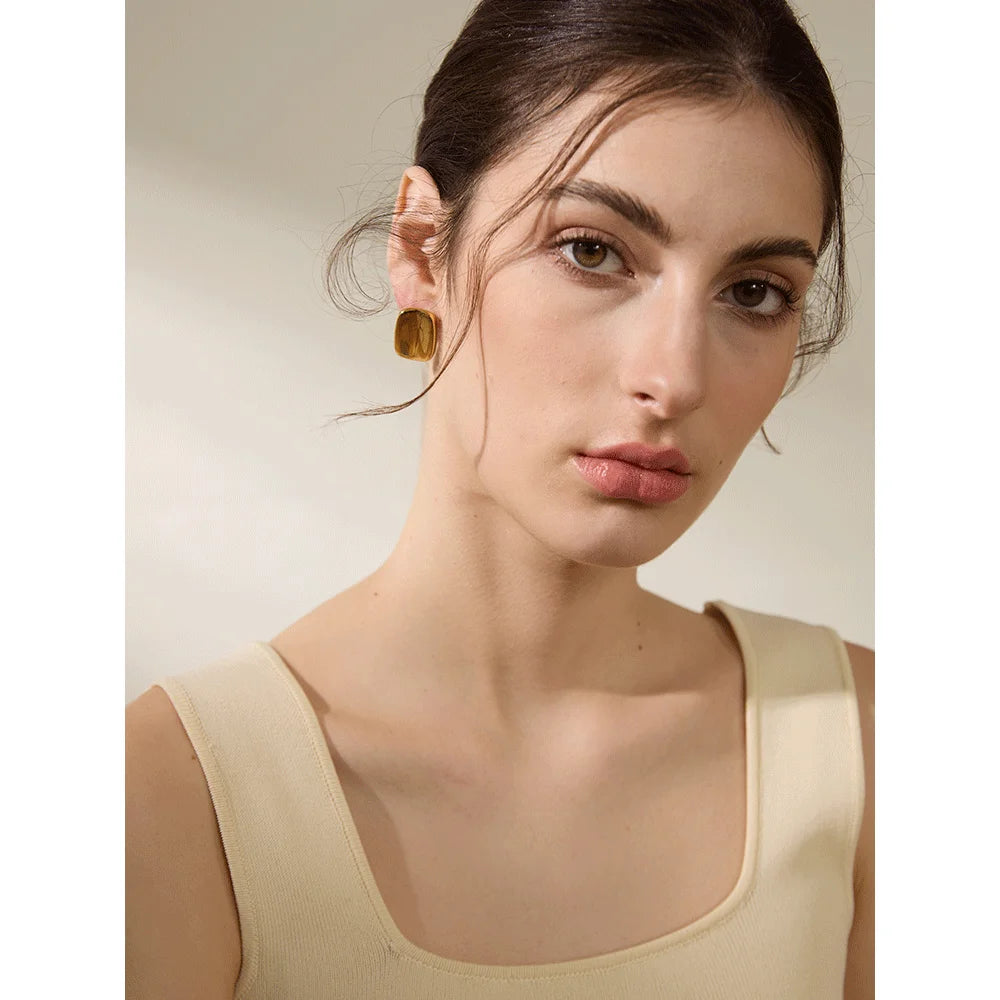 Vintage Metal Square Stud Earrings 18K Plated Waterproof