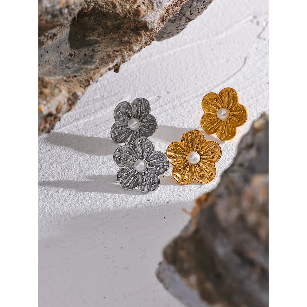 Flower Pearls Stud Earrings Waterproof 18K Plated