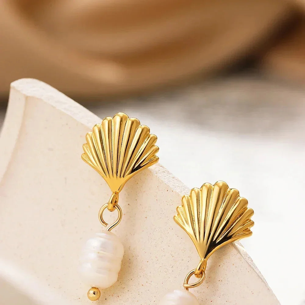 Pearl Pendant Dangle Earrings Waterproof 18K Plated