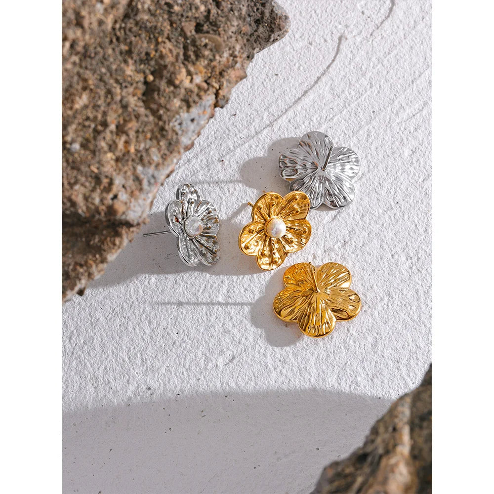 Flower Pearls Stud Earrings Waterproof 18K Plated