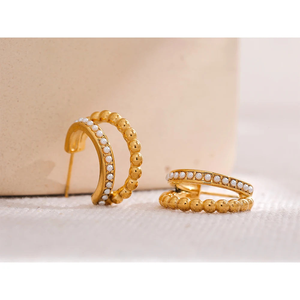 Vintage Pearls 18K Plated Hoop Earrings Waterproof