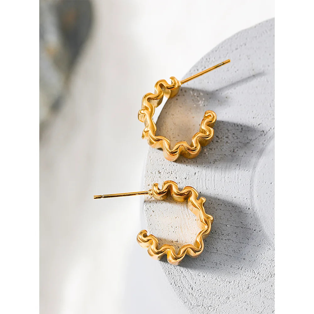 Waterproof Ruffle Small Hoop Earrings 18K Plated