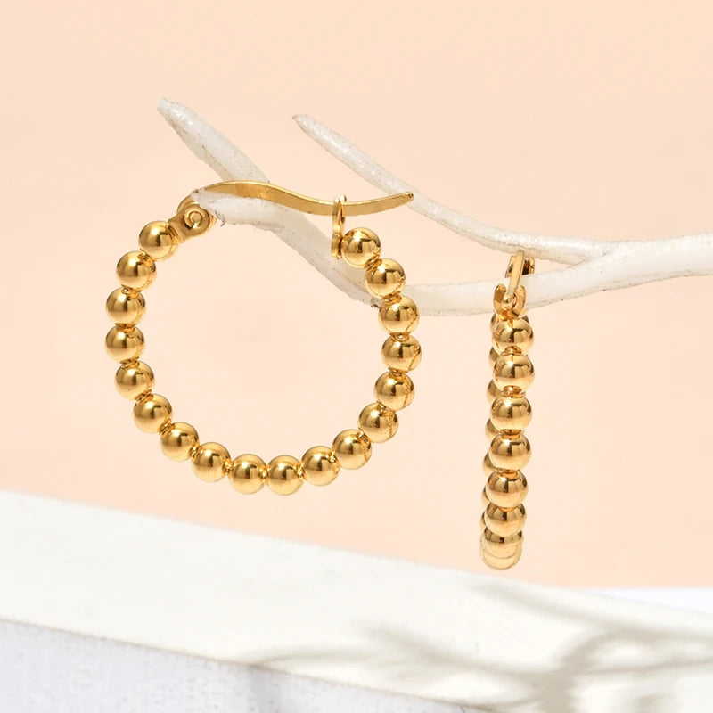 Round Bead Hoop Earrings 18K Plated Waterproof
