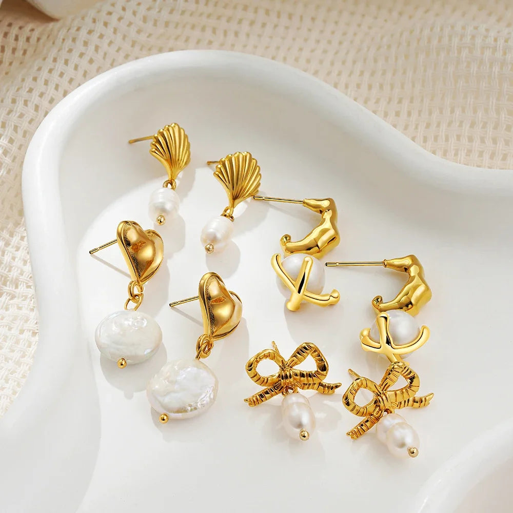 Pearl Pendant Dangle Earrings Waterproof 18K Plated
