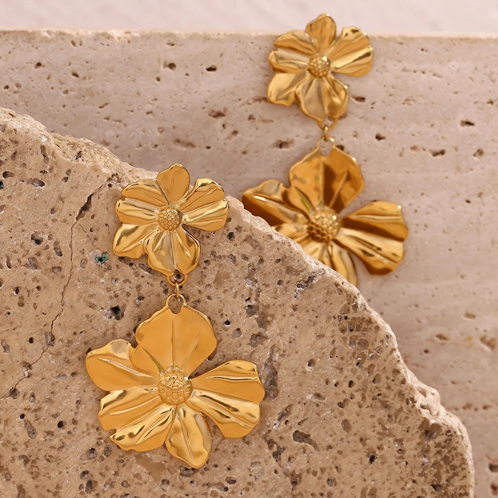 Flower Stitching Drop Earrings Waterproof 18K Gold Plated