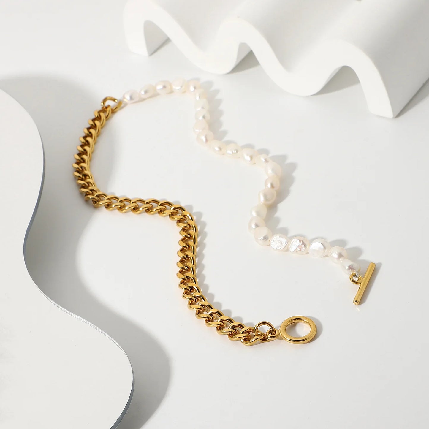18K Gold Plated Waterproof Pearl Half Chain Necklace