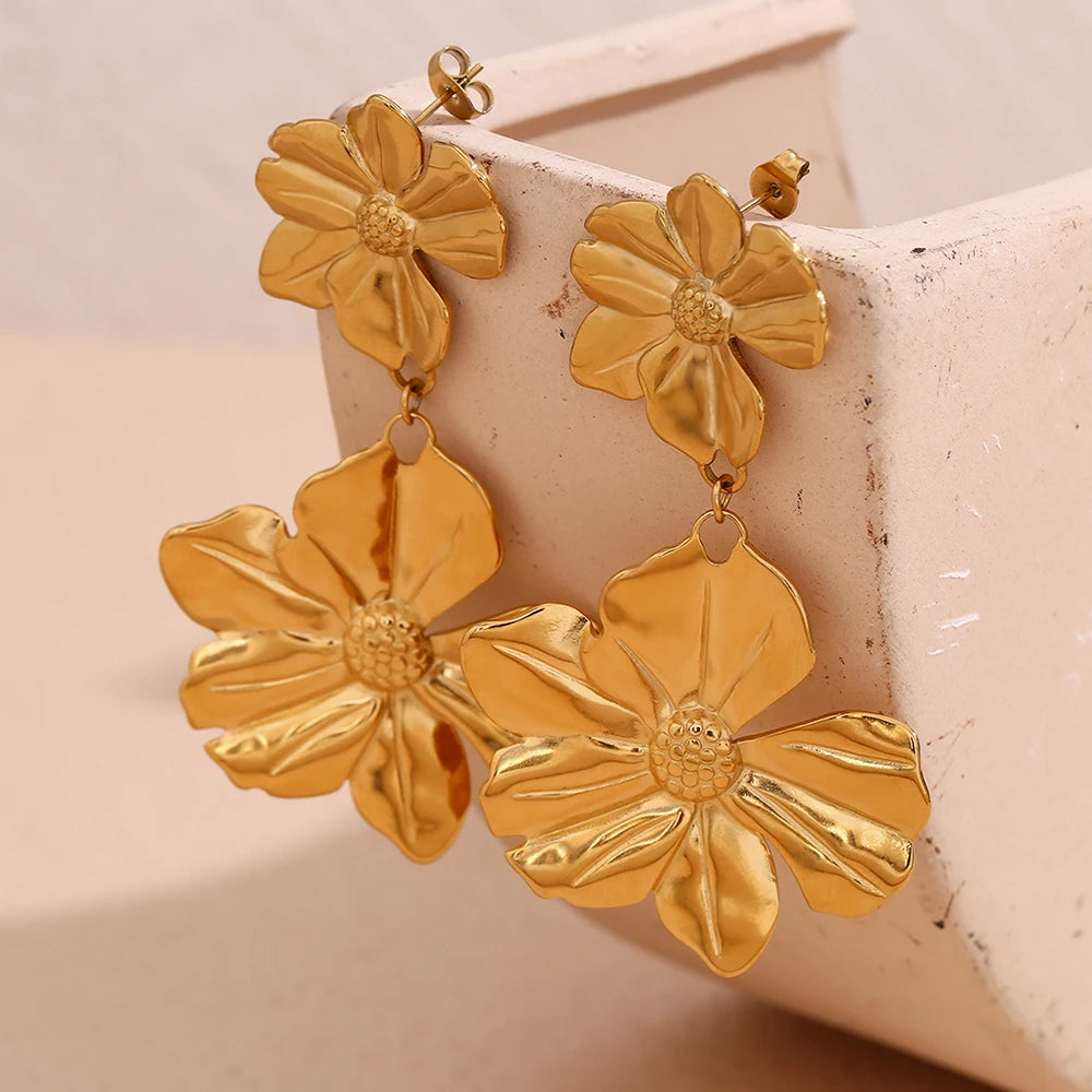 Flower Stitching Drop Earrings Waterproof 18K Gold Plated