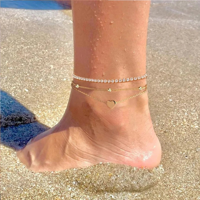 Layered Heart CZ Bead Anklets 14K Gold Plated Waterproof