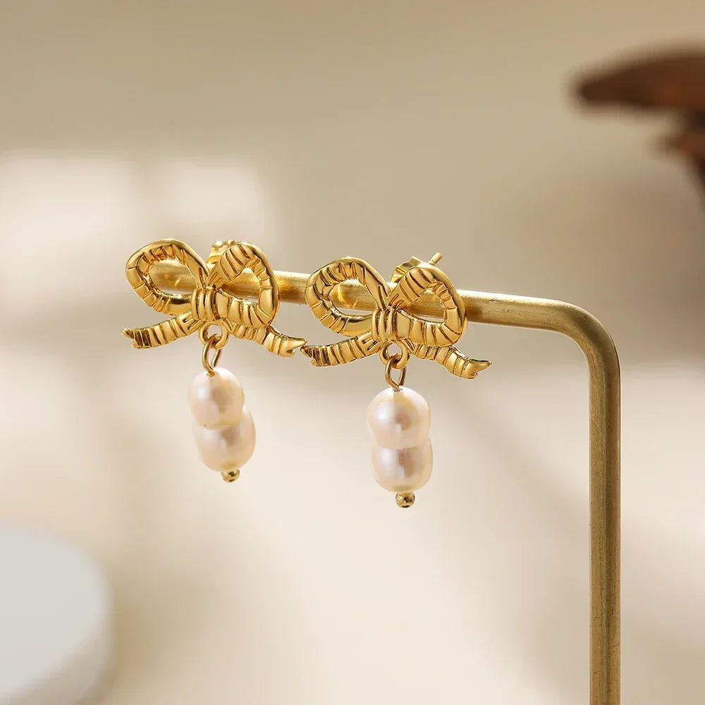 Pearl Pendant Dangle Earrings Waterproof 18K Plated
