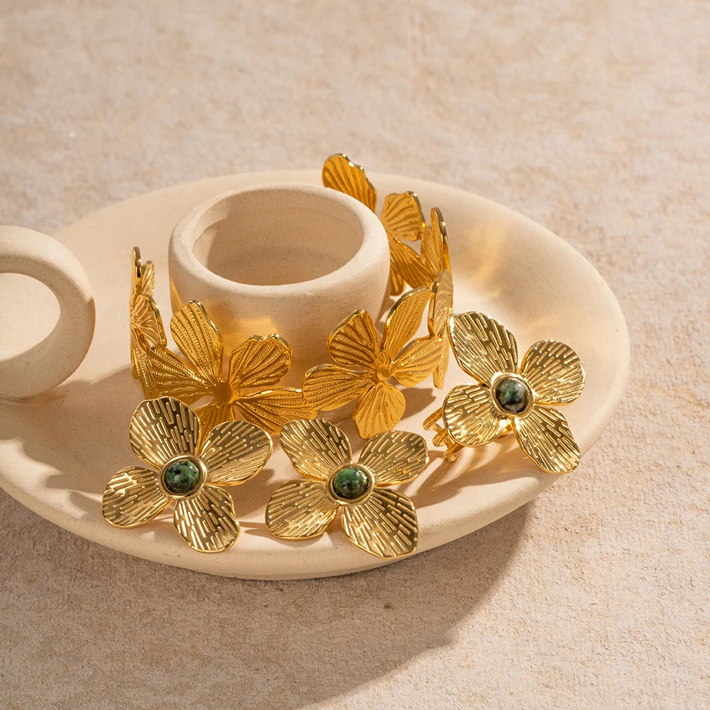 Flower Bracelet/Earrings/Ring Waterproof 18K Gold Plated