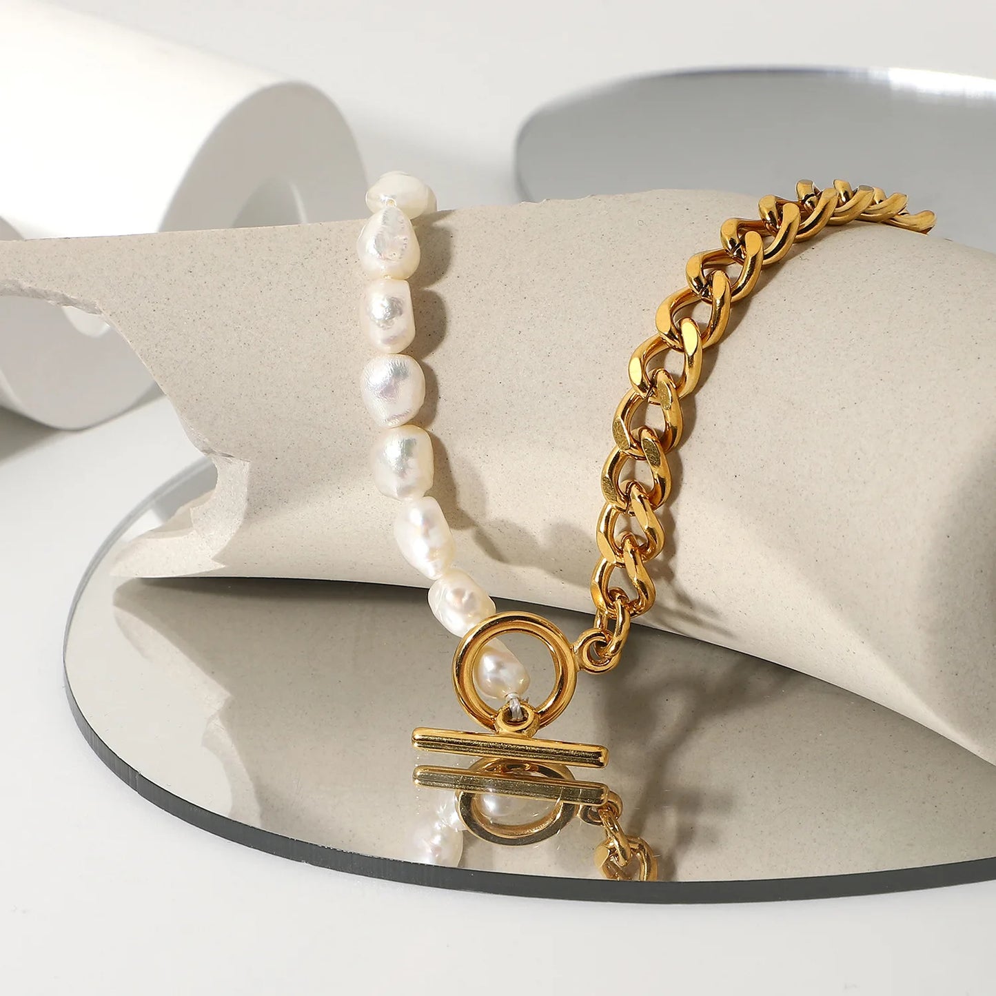 18K Gold Plated Waterproof Pearl Half Chain Necklace