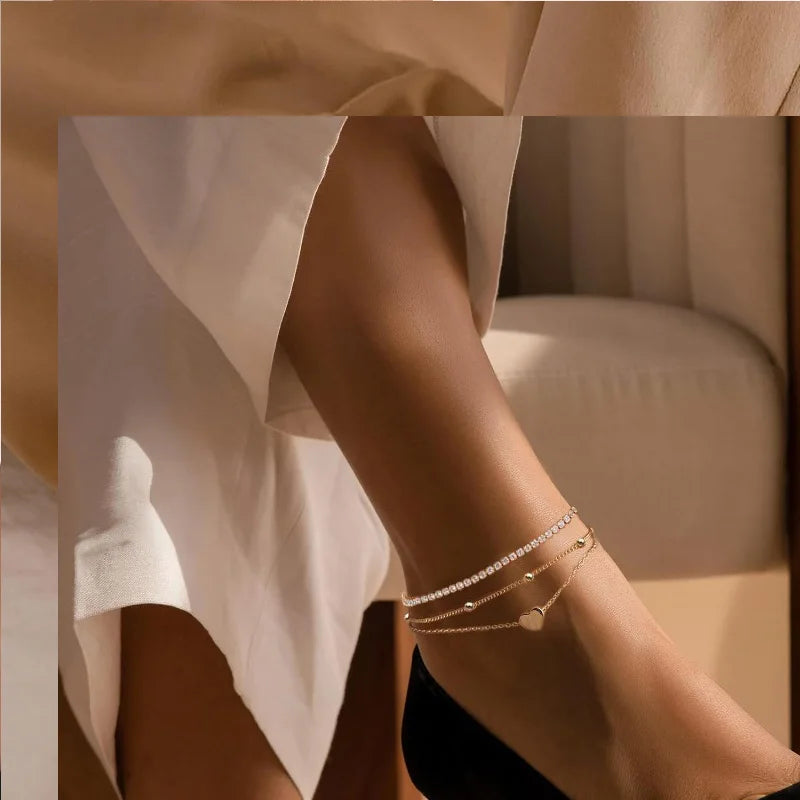 Layered Heart CZ Bead Anklets 14K Gold Plated Waterproof