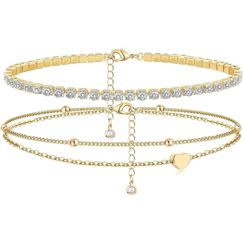 Layered Heart CZ Bead Anklets 14K Gold Plated Waterproof