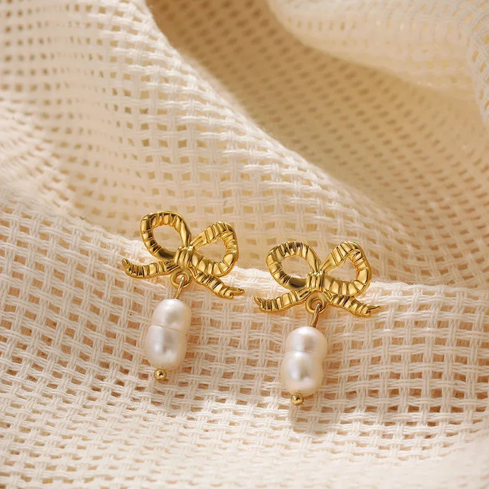 Pearl Pendant Dangle Earrings Waterproof 18K Plated