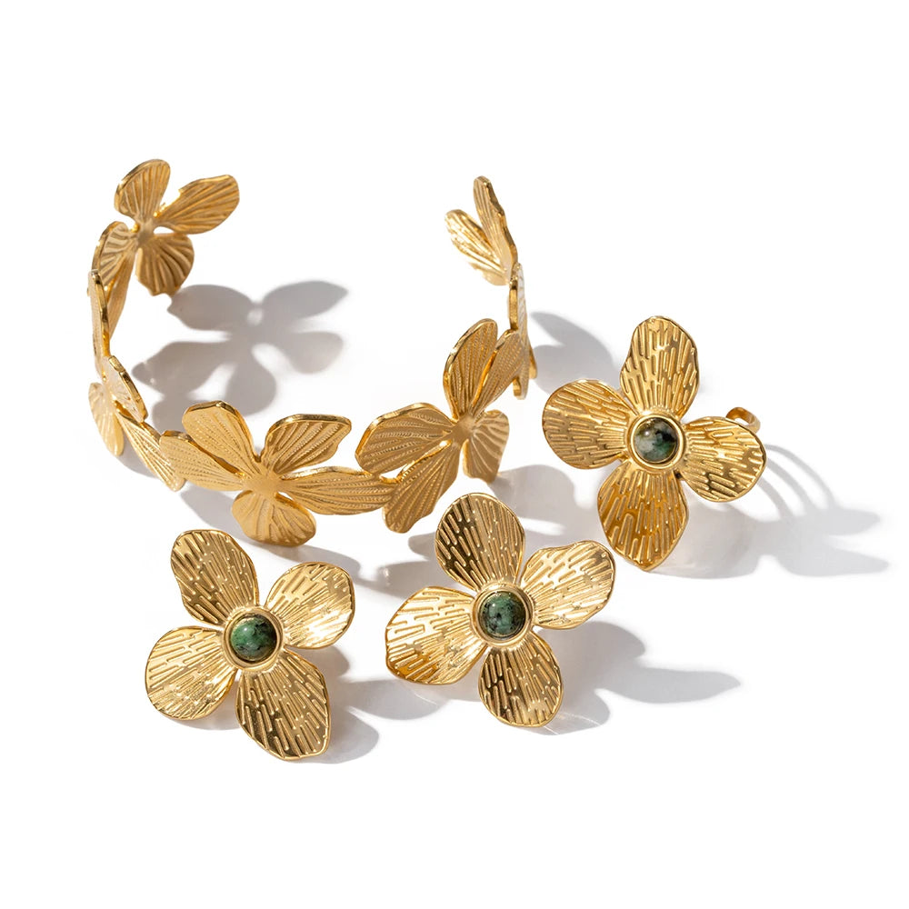Flower Bracelet/Earrings/Ring Waterproof 18K Gold Plated