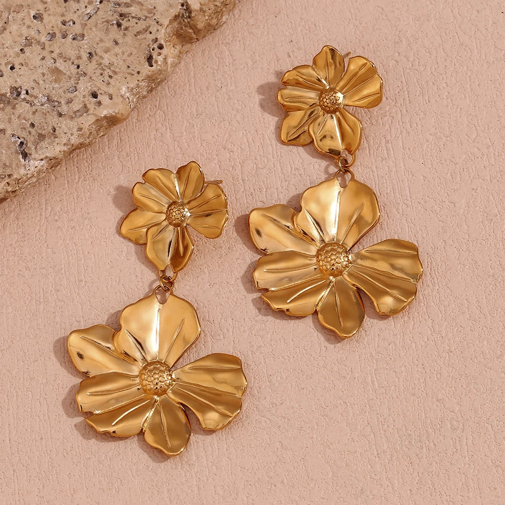 Flower Stitching Drop Earrings Waterproof 18K Gold Plated