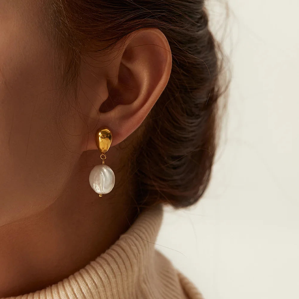 18K Gold Plated Waterproof Baroque Pearl Drop Earrings