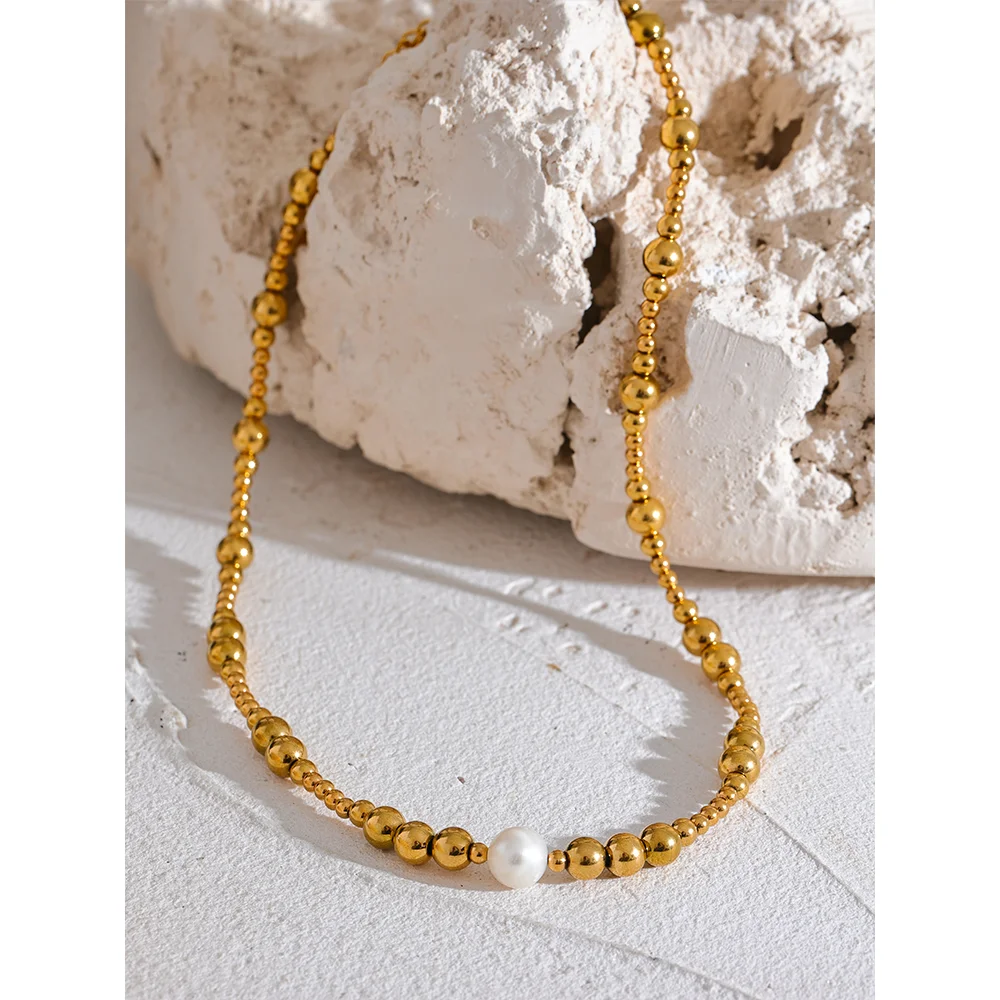 Waterproof Pearl 18K Gold Plated Bead Necklace