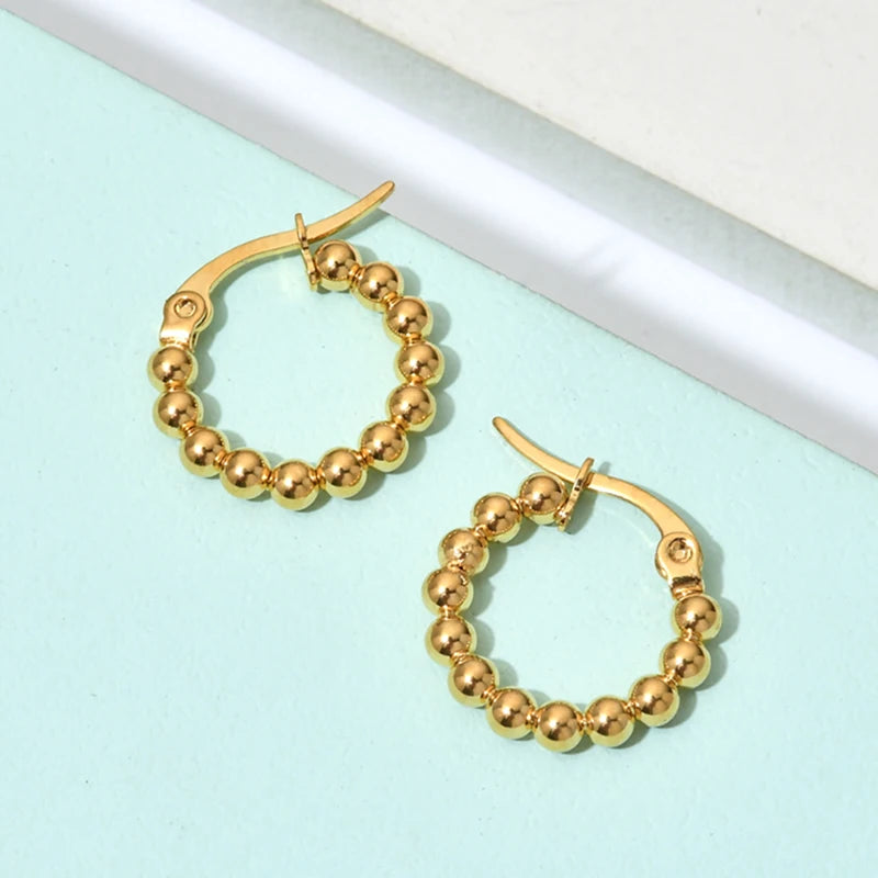 Round Bead Hoop Earrings 18K Plated Waterproof