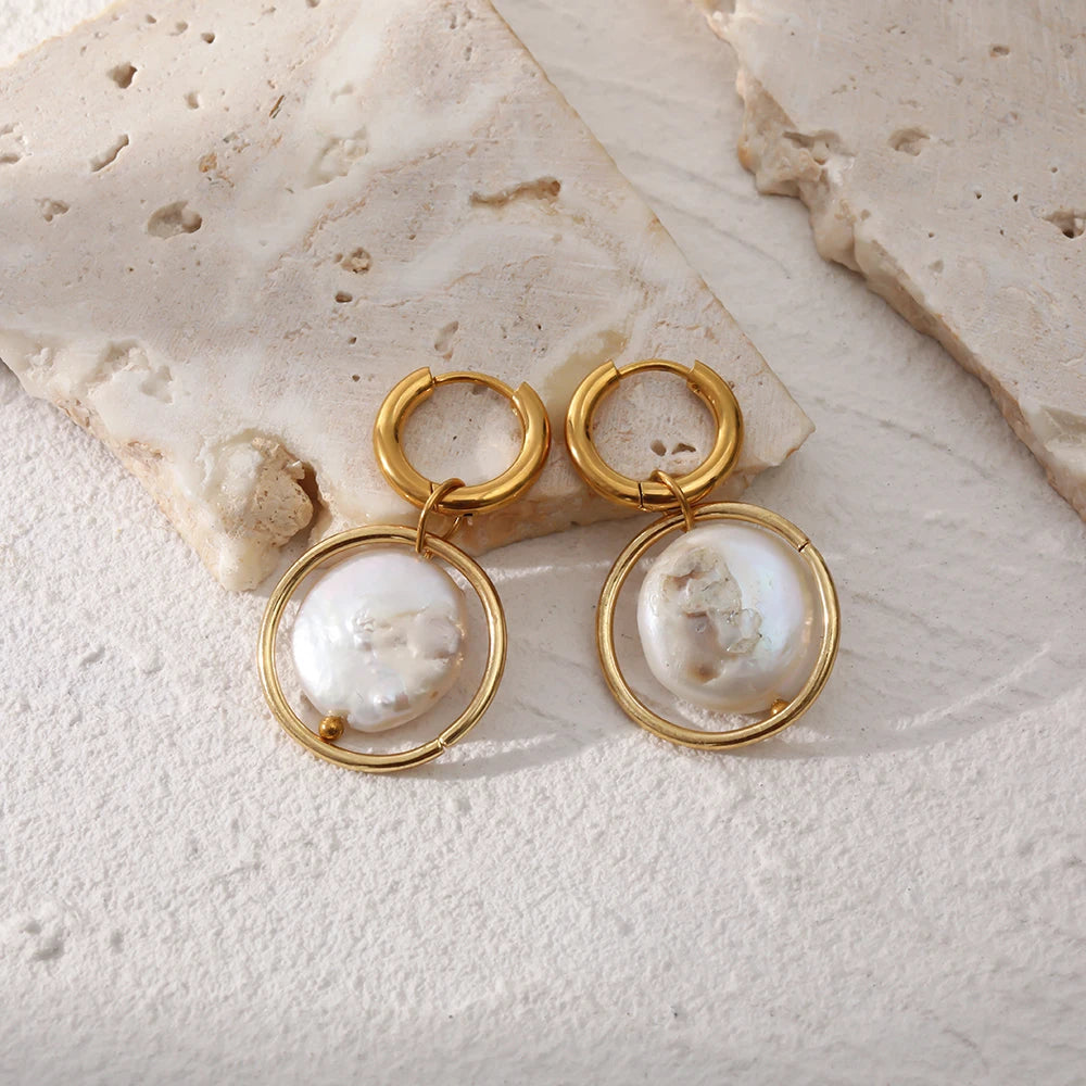 18K Gold Plated Freshwater Pearl Waterproof Dangle Earrings