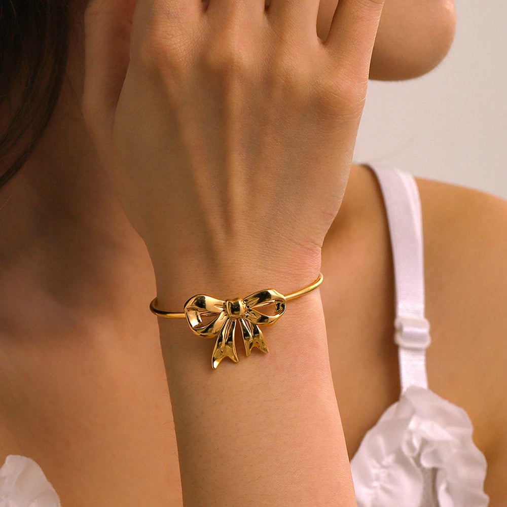 18k Gold Plated Waterproof Bow Knot Open Bangle