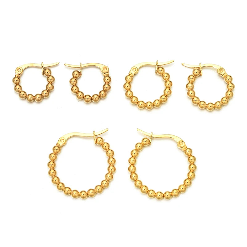 Round Bead Hoop Earrings 18K Plated Waterproof