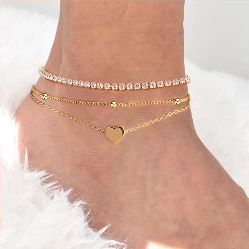 Layered Heart CZ Bead Anklets 14K Gold Plated Waterproof