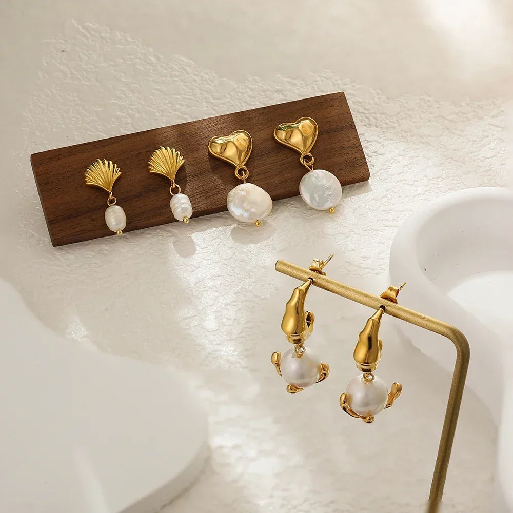 Pearl Pendant Dangle Earrings Waterproof 18K Plated