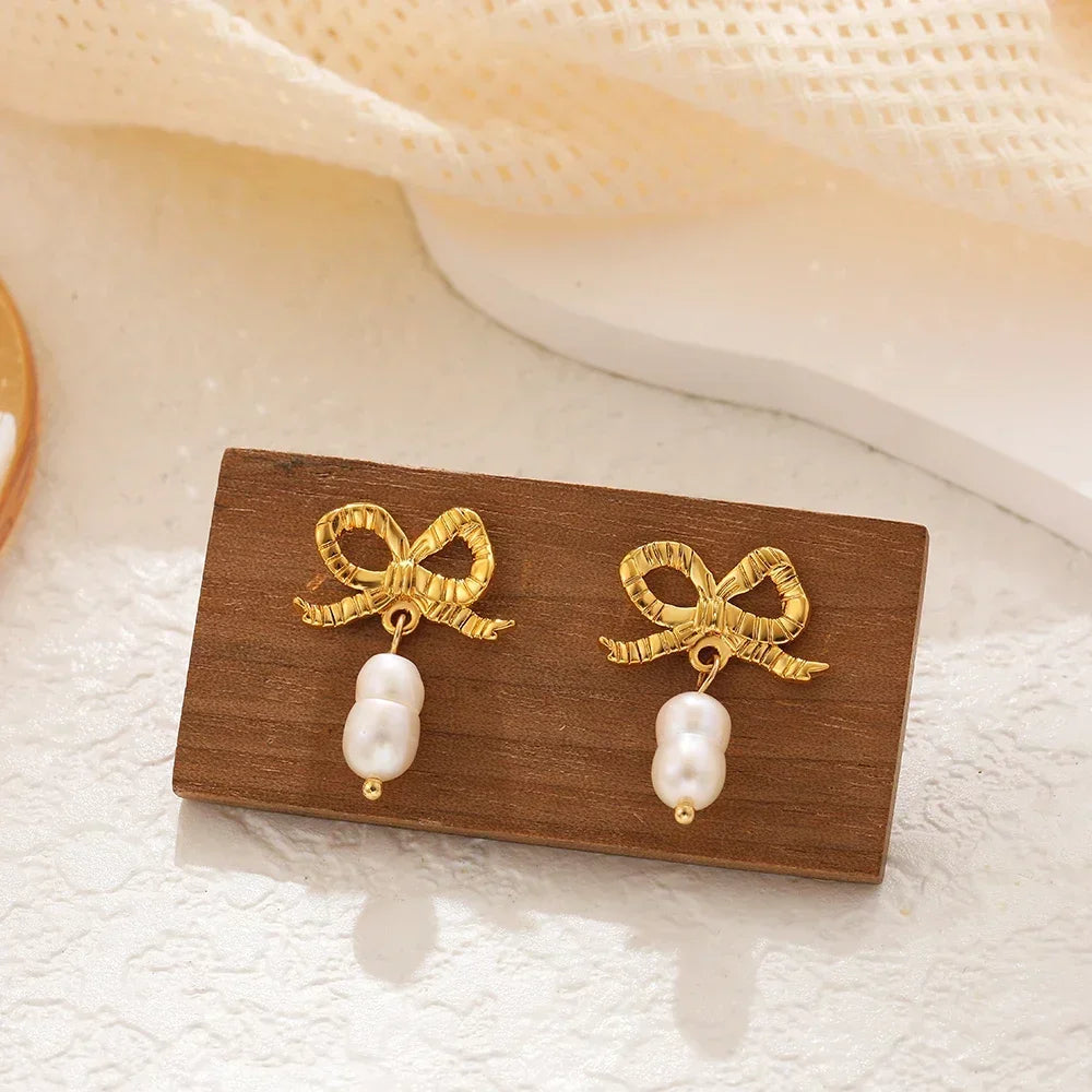 Pearl Pendant Dangle Earrings Waterproof 18K Plated