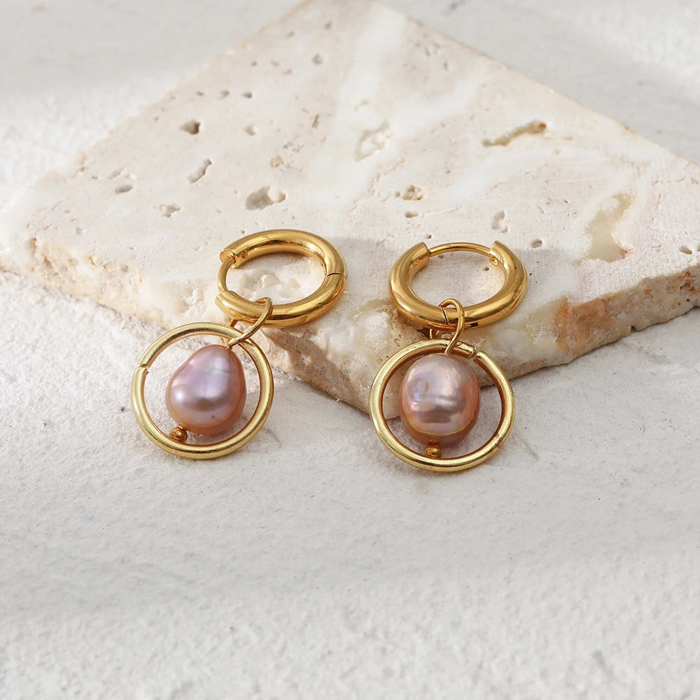 18K Gold Plated Freshwater Pearl Waterproof Dangle Earrings