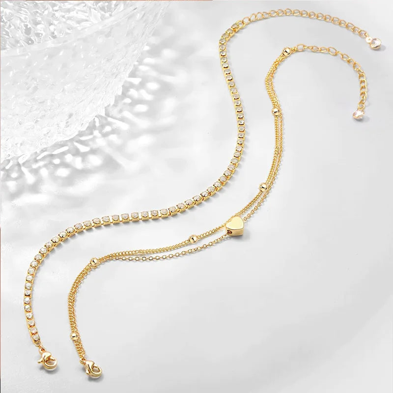 Layered Heart CZ Bead Anklets 14K Gold Plated Waterproof
