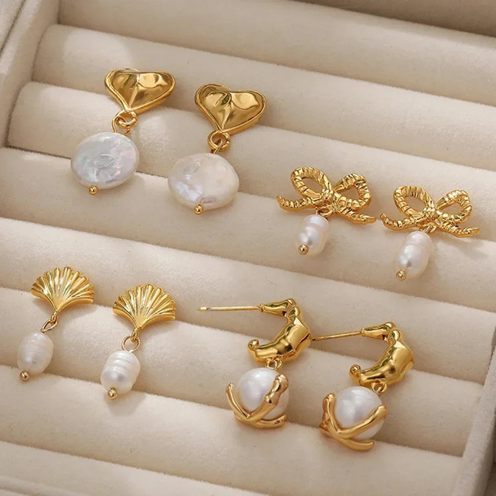 Pearl Pendant Dangle Earrings Waterproof 18K Plated