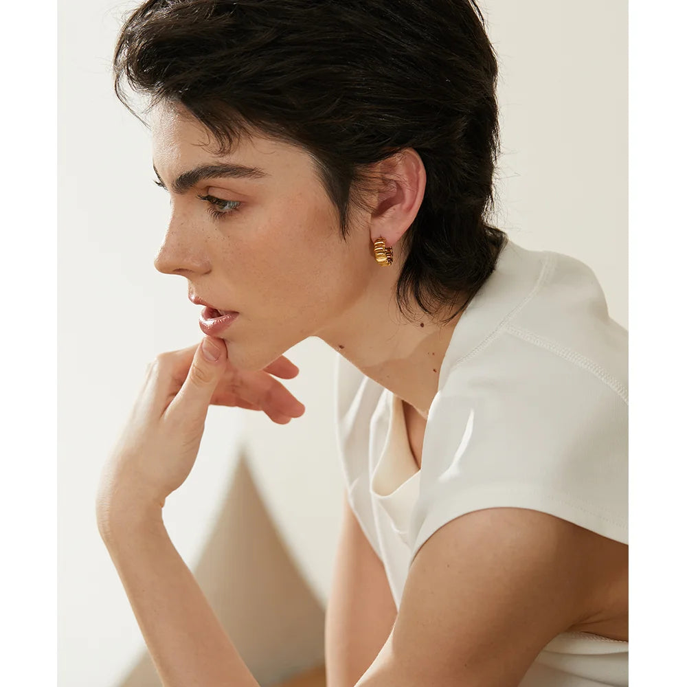 Waterproof Ruffle Small Hoop Earrings 18K Plated
