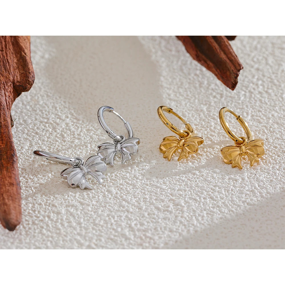 Bow Tie Drop Hoop Earrings Waterproof 18K Plated